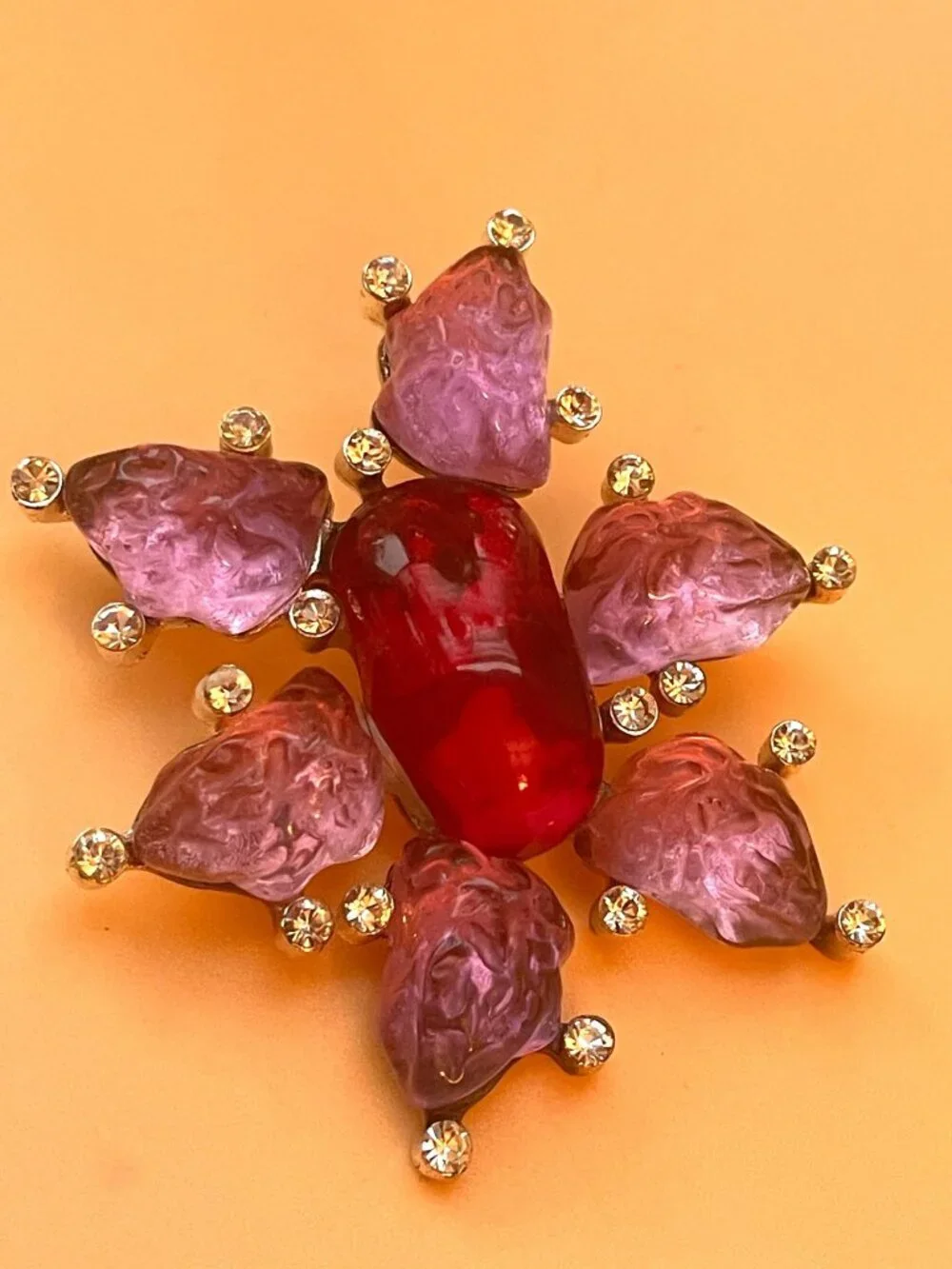 Vtg Cecile & Jeanne Poured Glass Brooch Pendant Gripoix Style W/ Pink Glass & Rh